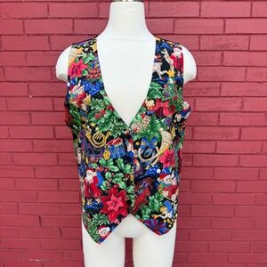 Vtg 111 Main Christmas Vest Womens Large‎ Holiday Santa Poinsettia Ugly Sweater